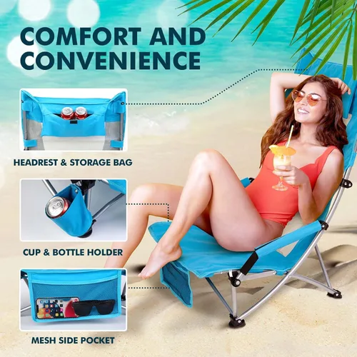 Miniatura 6 de AKSOUL Silla de playa plegable para adultos: sillas de respaldo bajo/alto con bolsa de transporte - Silla de asiento extra ancha con cómoda almohada