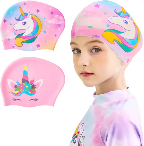 Miniatura 11 de Paquete de 2 gorros de natación impermeables de silicona para niños y niñas (3-8 años), diseño de sirena de unicornio, gorro de natación para niños