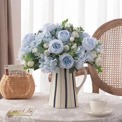 Miniatura 6 de 2 racimos de peonías artificiales, peonías pequeñas de seda azul, arreglos florales de hortensias falsas, centro de mesa, flores sintéticas