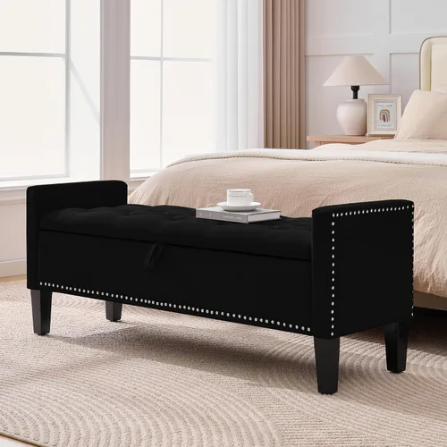 Miniatura 10 de Banco otomano de almacenamiento, reposapiés tapizado de terciopelo para dormitorio y sala de estar, asiento copetudo con almacenamiento, patas