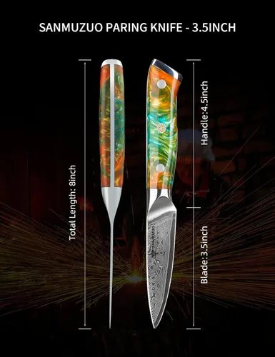 Miniatura 4 de Cuchillo de pelar de 3.5 pulgadas, cuchillo de cocina para frutas y verduras de acero de Damasco y mango de resina - Serie Xuan (Naranja Fantasía)