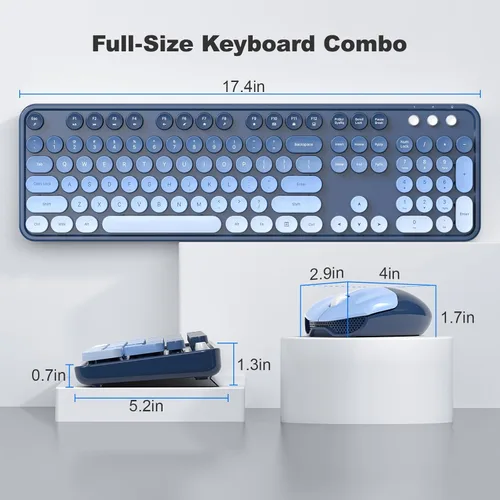 Miniatura 22 de KNOWSQT Combo de teclado y ratón inalámbrico, teclados lindos de tamaño completo estilo máquina de escribir 2.4G azul colorido - receptor USB Plug