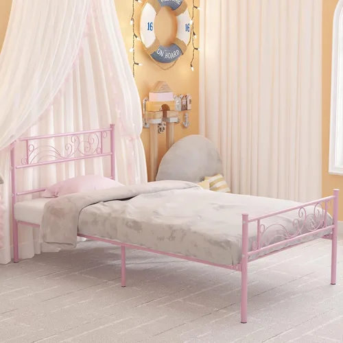 Miniatura 4 de Weehom Marco de cama de metal individual con almacenamiento, no necesita somier, listones de acero resistentes para niños, niñas, adolescentes, Rosa