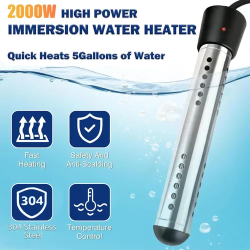 Miniatura 4 de Calentador de agua de inmersión portátil de 2000 W, con protector de acero inoxidable y termómetro digital, calentador eléctrico sumergible rápido