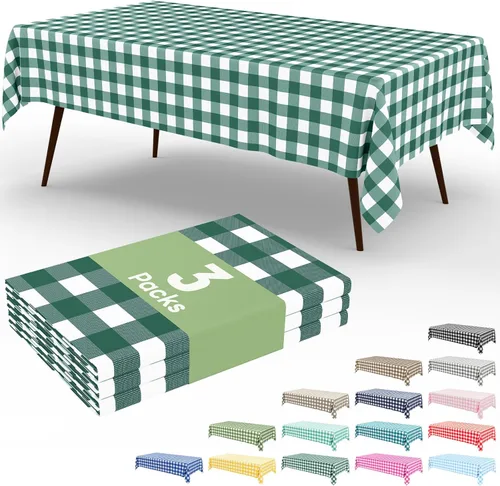 Miniatura 66 de Smiry Paquete de 3 Manteles Desechables de Cuadros Gingham Color Caqui - 54" x 72" Mantel de Plástico de Servicio Pesado, Cubiertas de Mesa