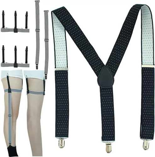 Daily Treasures Juego de tirantes para hombre, 2 ligueros a rayas, cinturón y 1 liguero en maceta con clips antideslizantes y resistentes para