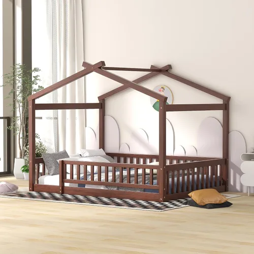Miniatura 15 de MERITLINE Cama individual Montessori para niños, marco de cama individual Montessori con rieles y techo, no necesita somier, para niños, Gris