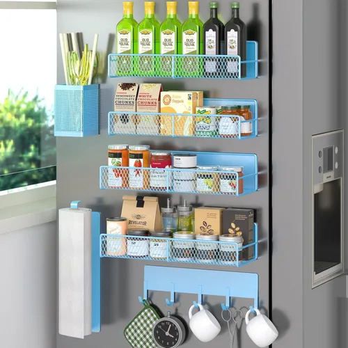 Miniatura 39 de Estante magnético para especias para refrigerador, paquete de 7 estantes magnéticos fuertes 100% de metal, organizador de especias con soporte