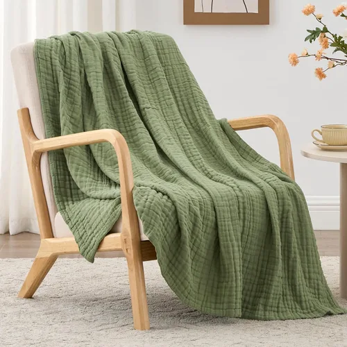 Miniatura 20 de Love's cabin - Manta de muselina de 6 capas 100% algodón, 90"x90", manta de muselina tamaño queen para sofá o cama, de algodón de gasa ligera y Beige