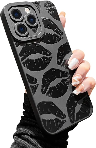 LAPOPNUT Funda negra para iPhone 13 Pro Max, Funda de silicona suave con diseño de patrón de labios lindo para mujeres y niñas, Funda protectora a