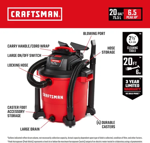 Miniatura 2 de CRAFTSMAN CMXEVBE17596 - Aspiradora húmeda y seca de 20 galones, 6.5 HP de potencia máxima, aspiradora de taller de servicio pesado húmeda y seca