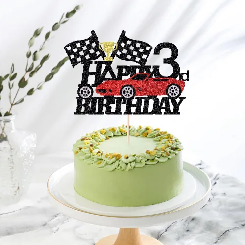 Miniatura 7 de Decoración de pastel de auto de carreras de 3 años, decoración de pastel de feliz tercer cumpleaños, auto de carreras, bandera a cuadros, rueda