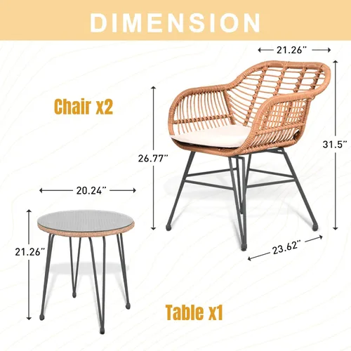 Miniatura 2 de Tappio Juego de muebles de mimbre para exteriores, 3 piezas, para patio, bistró, muebles de balcón, juegos de conversación de ratán, juego de sillas