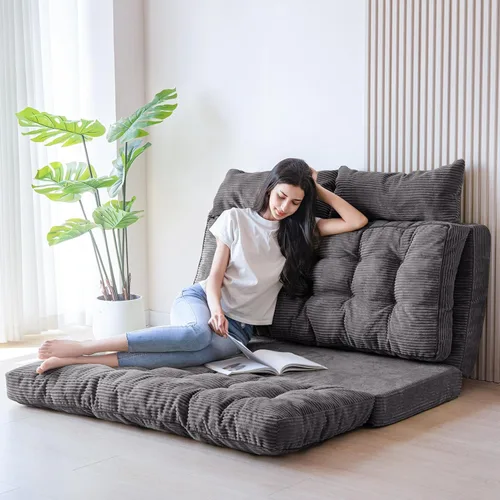 Miniatura 12 de MAXYOYO Sofá cama plegable, puf copetudo con almohadas, sofá de suelo para adultos, sofá de piso extra grueso y largo, sofá individual para Negro