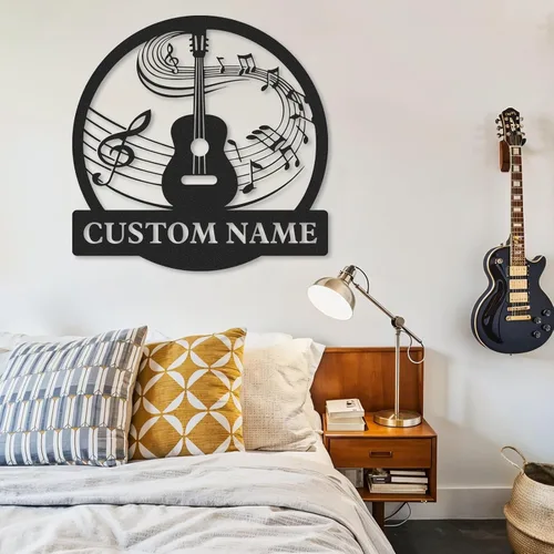 Miniatura 3 de Letrero de metal personalizado de guitarra, letreros de metal personalizados, decoración de pared de notas musicales, arte de pared divertido