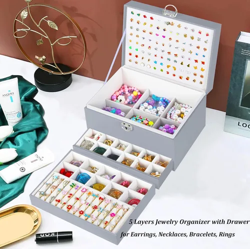 Miniatura 26 de Joyero de pendientes para mujeres y niñas, organizador de aretes de 5 capas, caja organizadora de joyas blanca con candado, collares y aretes