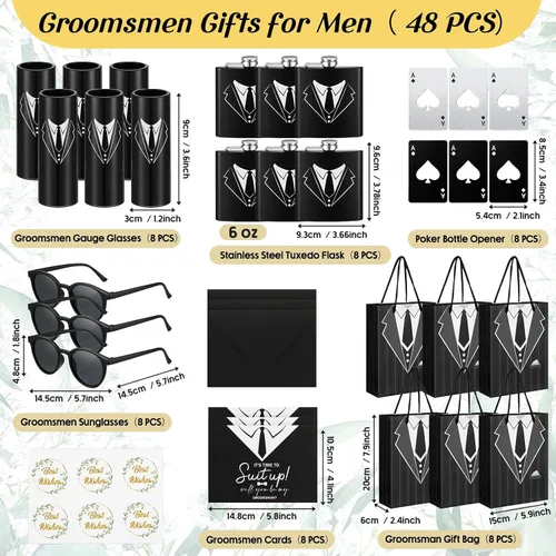 Miniatura 4 de Bokon 48 piezas de regalos para padrinos de boda para hombres, frasco de esmoquin de acero inoxidable, para padrinos de boda, anteojos de póquer