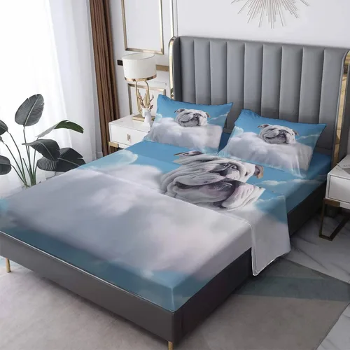 Sábanas de bulldog francés tamaño King, sábanas de nube, sábanas y fundas de almohada estampadas de 4 piezas, sábana bajera ajustable de microfibra