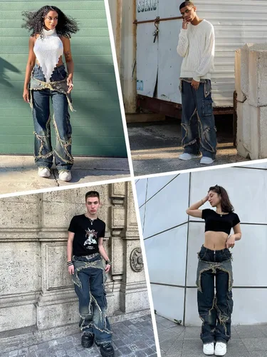 Miniatura 2 de Harajuku Hip Hop - Pantalones de mezclilla para hombre, ropa urbana, diseño de llama, cruz, bloque de color, pantalones casuales, pantalones