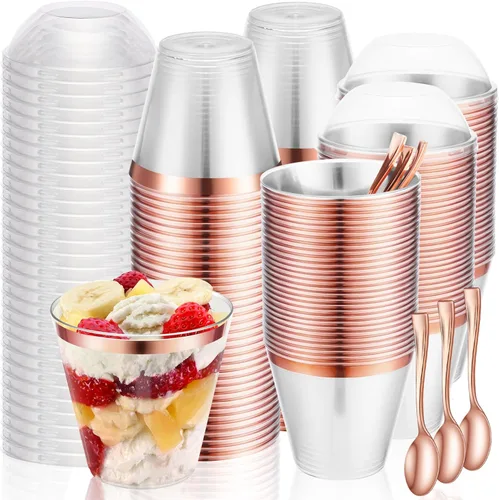 Miniatura 9 de Jinei 50 juegos de tazas de postre de plástico de 9 onzas con tapas de cúpula, cucharas de plástico transparente con borde dorado, vasos de frutas