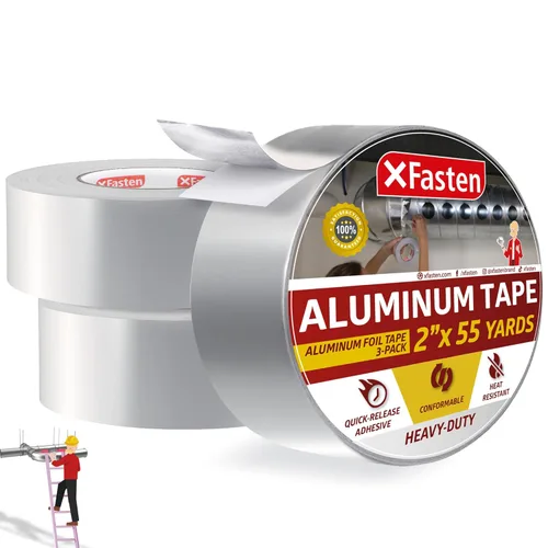 XFasten Cinta de papel de aluminio para conductos de 2 pulgadas x 165 pies (paquete de 3, 495 pies), cinta de aluminio de 3.6 mil para conductos,
