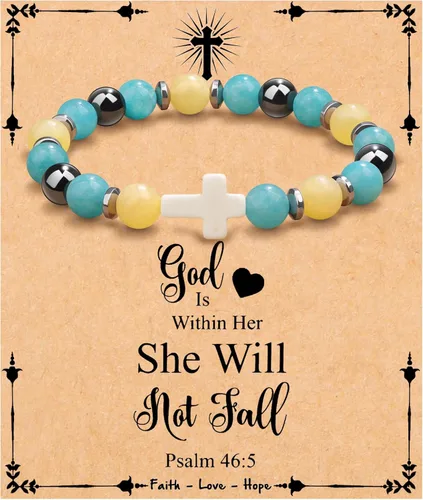 Miniatura 34 de JoycuFF Regalos Cristianos, Pulseras de Cruz para Mujeres, Joyería Cristiana Católica Religiosa de Fe de Pascua, Pulseras de Piedra Natural
