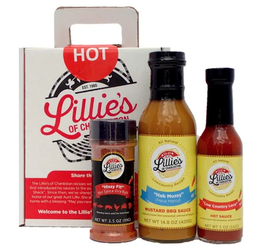 Lillie's of Charleston Caja de regalo de variedad caliente de 3 unidades | Salsa picante Loco Low Country, salsa barbacoa de mostaza Hab Mussy,