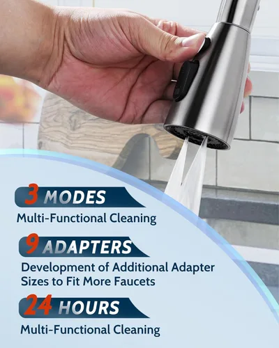 Miniatura 6 de Repuesto de cabezal de grifo de cocina: cabezal rociador de acero inoxidable, 3 modos de boquilla de pulverización extraíble con 9 adaptadores