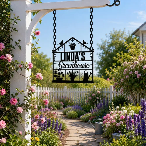 Miniatura 2 de Letrero personalizado de jardín de invernadero, placa de metal personalizada con nombre de jardín con acabado rústico, arte de patio al aire libre
