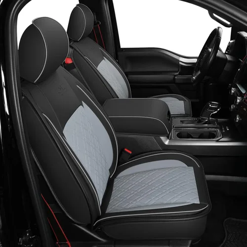 Miniatura 9 de LUCKYMAN CLUB Juego completo de fundas de asiento F150 Q7, para Ford F150 2015-2023 y F250 F350 F450 2017-2023 (juego completo, negro-gris)