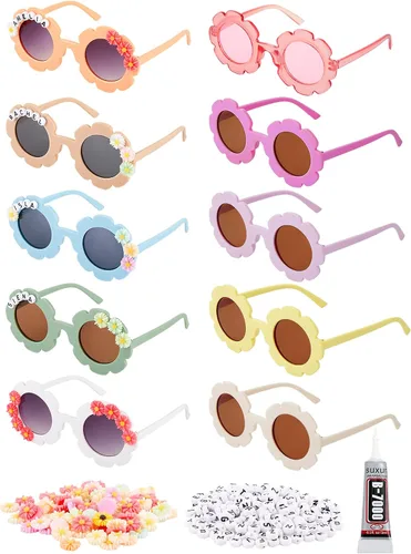Dunzy 10 pares de lentes de sol redondos de flores para niños, gafas de bricolaje para exteriores, con 50 margaritas, 100 cuentas de letras al azar,