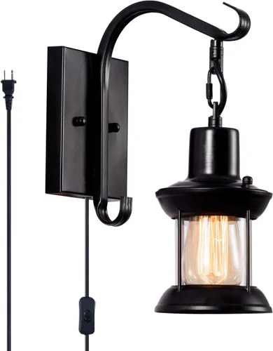 Miniatura 9 de GLADFRESIT Lámparas de pared rústicas, aplique de pared tipo farol enchufable, apliques de pared antiguos negros, luminarias de iluminación de pared