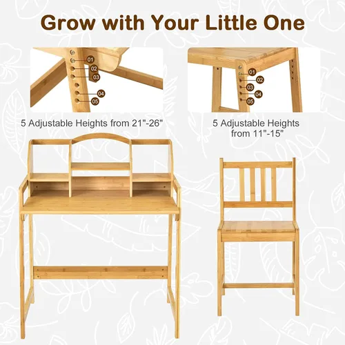 Miniatura 7 de UNICOO - Juego de escritorio y silla de bambú ajustable en altura para niños, escritorio para niños, mesa de estudio y juego de sillas