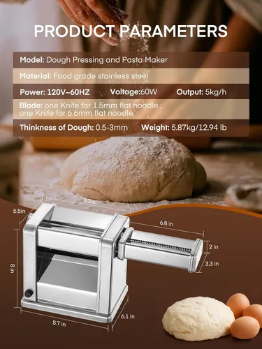 Miniatura 5 de FOHERE Máquina eléctrica para hacer pasta, fabricante de fideos de grosor ajustable para espaguetis, fettuccine, lasaña y albóndigas