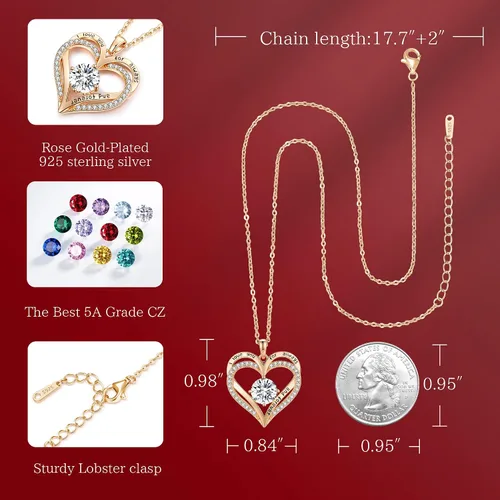 Miniatura 6 de LOUISA SECRET Love Heart Birthstone Necklaces for Women, 925 Sterling Silver Women Pendant Necklace, Mothers Day Birthday Anniversary Jewelry Gift