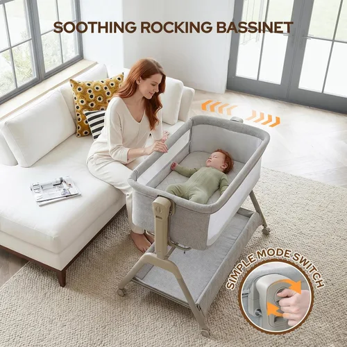 Miniatura 3 de Ezebaby Cuna para bebé al lado de la cama, moisés 3 en 1 con colchón cómodo y ruedas, cuna estable y segura para recién nacido con ajuste de altura
