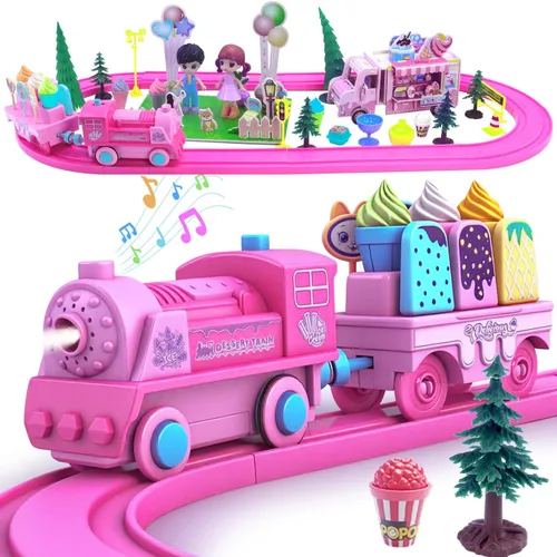 Juegos de trenes clásicos rosados para niños pequeños, juguetes musicales de tren eléctrico con camión de helado de bricolaje, rompecabezas de