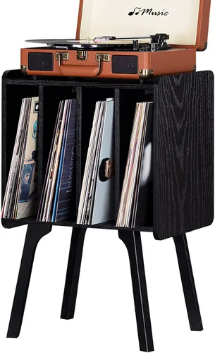 LELELINKY - Soporte pequeño para tocadiscos de 11.7 pulgadas de ancho, mesa de almacenamiento para discos de vinilo color negro con 4 gabinetes,