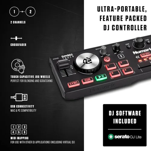 Miniatura 2 de Numark DJ2GO2 Touch - Controlador USB compacto de 2 platos para Serato DJ con mezclador/crossfader, interfaz de audio y rueda de selección