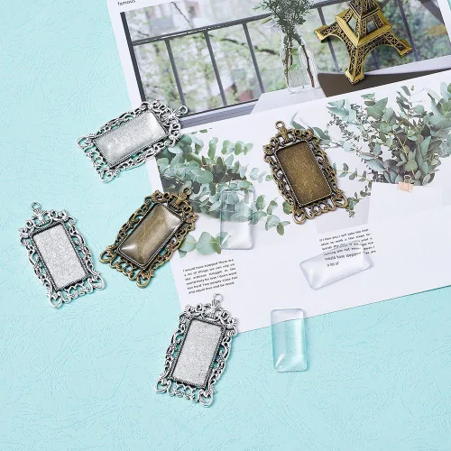 Miniatura 5 de KISSITTY 10 piezas de bandeja colgante rectangular de bronce plateado antiguo en blanco con 10 piezas de azulejos de cúpula de vidrio transparente