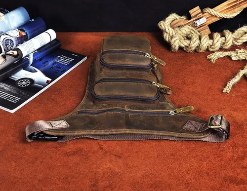 Miniatura 6 de Le'aokuu Riñonera táctica de cuero genuino para hombre, riñonera, pierna caída, cruzada, bolsa, 3111 A Marrón, Hip Bum - Bolsa para muslos y piernas