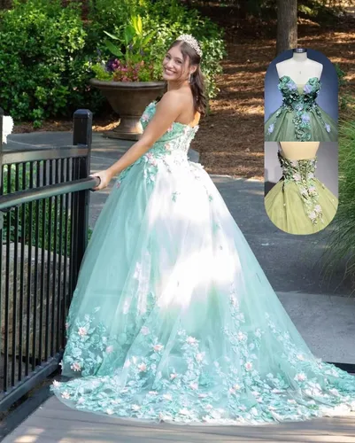Miniatura 5 de Zhangyo Vestidos de quinceañera de flores 3D sin tirantes con apliques de tren de tul dulce 16 vestidos con cuentas vestido de quinceañera hinchado