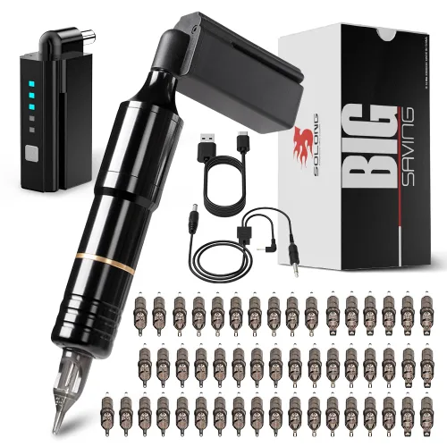 Solong Tattoo EM128KITPRD50-1-US - Kit de bolígrafo rotatorio con fuente de alimentación de tatuaje, 50 agujas de tatuaje. Negro (Black Kit 1)