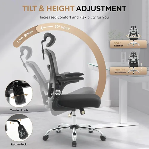 Miniatura 4 de Silla de oficina ergonómica - Silla de escritorio de oficina de malla para el hogar con ruedas, silla de juegos de computadora con respaldo alto