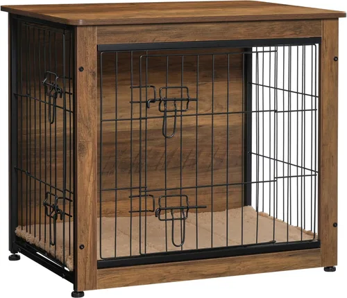 Miniatura 26 de DWANTON Mueble de jaula para perros con cojín, mesa de madera para perros con puertas dobles, casa de perro de interior, tamaño pequeño, mediano