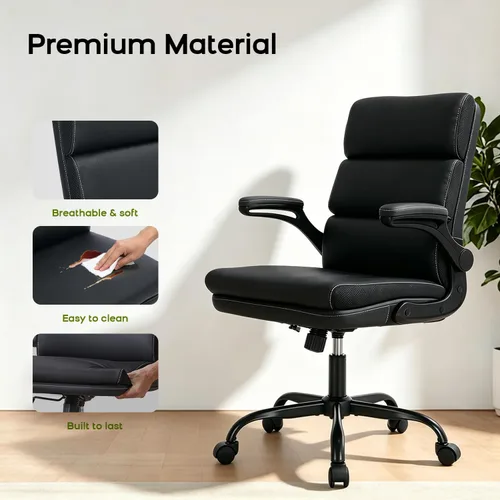 Miniatura 6 de Silla de oficina ajustable con respaldo medio ejecutivo, silla de escritorio cómoda de piel regenerada con soporte lumbar ergonómico para Negro