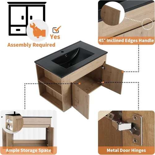 Miniatura 4 de Tocador de baño de 30 pulgadas con fregadero, moderno combo montado en la pared con lavabo de cerámica blanca y estante abierto ajustable, grifo
