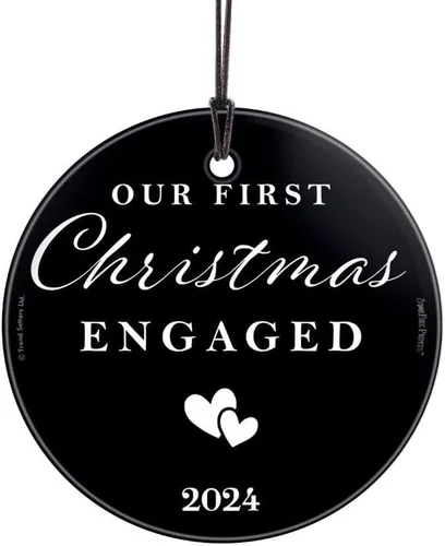 Miniatura 15 de Nuestro primer adorno de Navidad comprometido 2025 colgante de vidrio estampado – decoración rústica personalizada de corazones de granja – Círculo