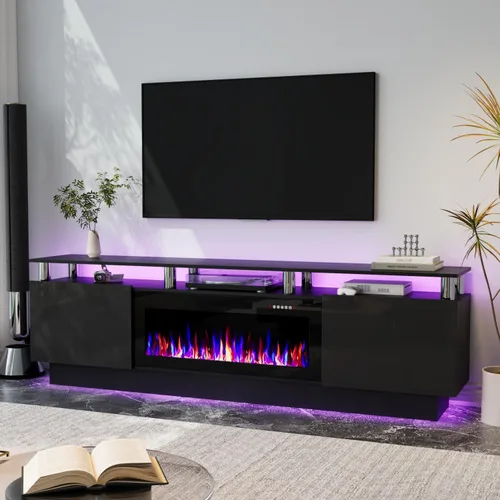 Miniatura 18 de Soporte de TV con chimenea de 36 pulgadas, soporte de TV negro de 70 pulgadas para sala de estar, moderno soporte de TV con chimenea eléctrica