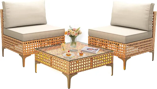 Miniatura 8 de YITAHOME Juego de muebles de mimbre para patio, sofá modular de 3 piezas para exteriores con mesa de luz solar, sofá para exteriores con cojines